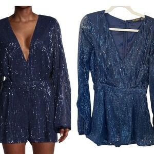 Ramy Brook Navy Blue Sequin Emily Long Sleeve V Neck Romper Jumpsuit Size 2